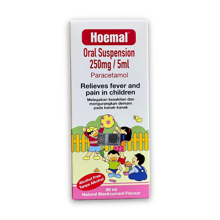 [New Packing] Hoemal Paracetamol Oral Suspension Natural Blackcurrant Flavour (90ml) * Fever Med *