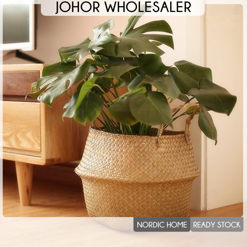 【NordicHome】Seagrass Wickerwork Basket Rattan Hanging Flower Pot Dirty Laundry Hamper Storage Basket