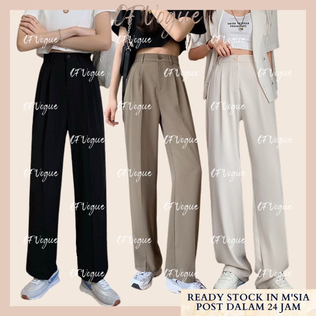 OF VOGUE Suit Pants High Waist Elastic Waist Straight Leg Pants Women Casual Pants Seluar Slack Wanita Slimming Wide Leg