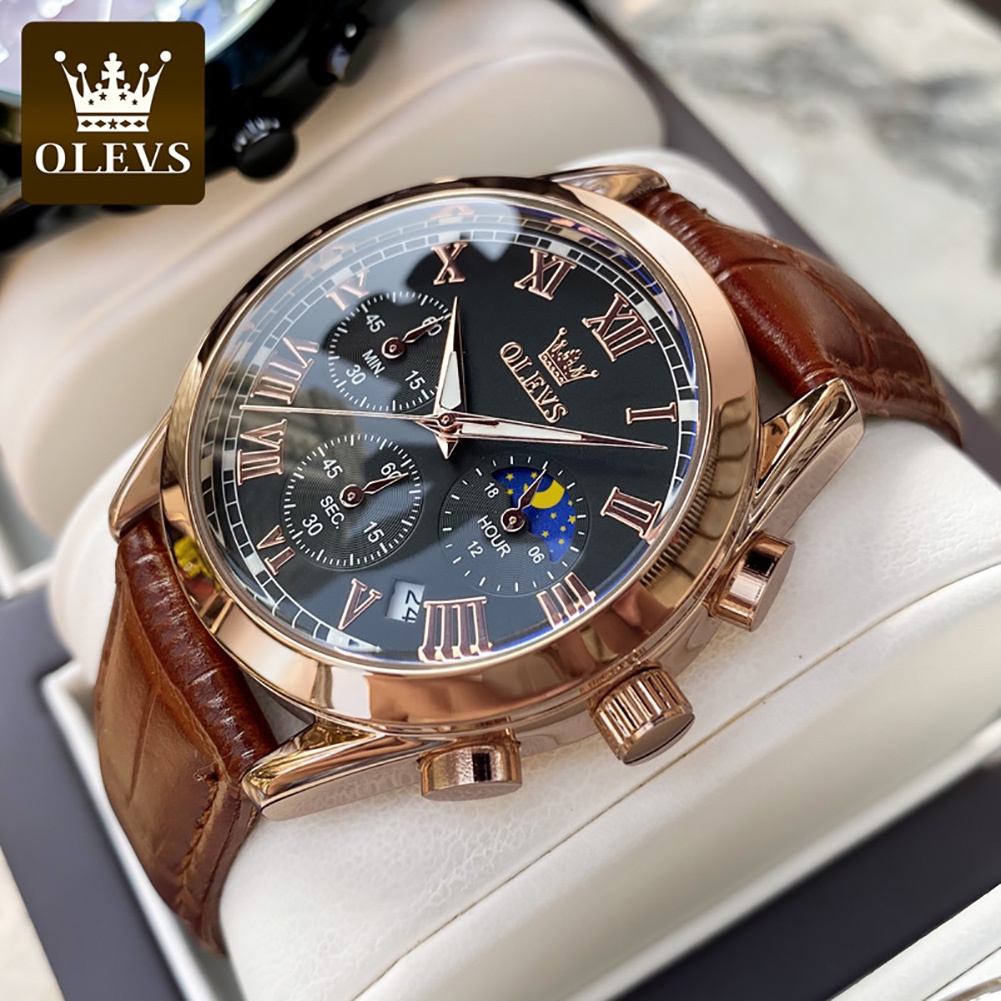 [Ready Stock]OLEVS Jam Tangan Lelaki Original Waterproof Watch Men Quartz Analog Genuine Leather Business Sun Moon Star Multifunctional Calendar Luminous Fashion Men's Watches