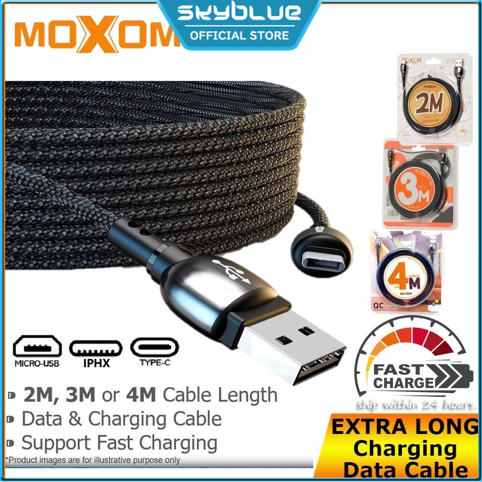 Original Moxom Long 2.4A (2M/3M/4M) Meter I USB Fast Charging Data Cable Panjang for Phone Micro Type C Tab Samsung CCTV