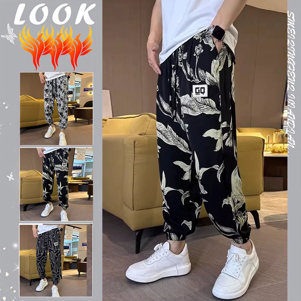 Oversized Men Pants/Ice Silk Closed Haren Pants/Korean Floral Loose Casual Pants 休闲裤 M-5XL 039