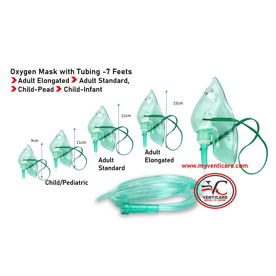 Oxygen Mask With 7 Feet(2.1meter) Tubing Green for Oyygen Concentrator