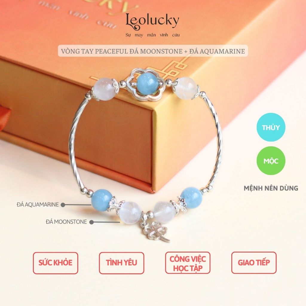 Peaceful Bracelet with Aquamarine stone, Leolucky feng shui bracelet supports Health, love and communication