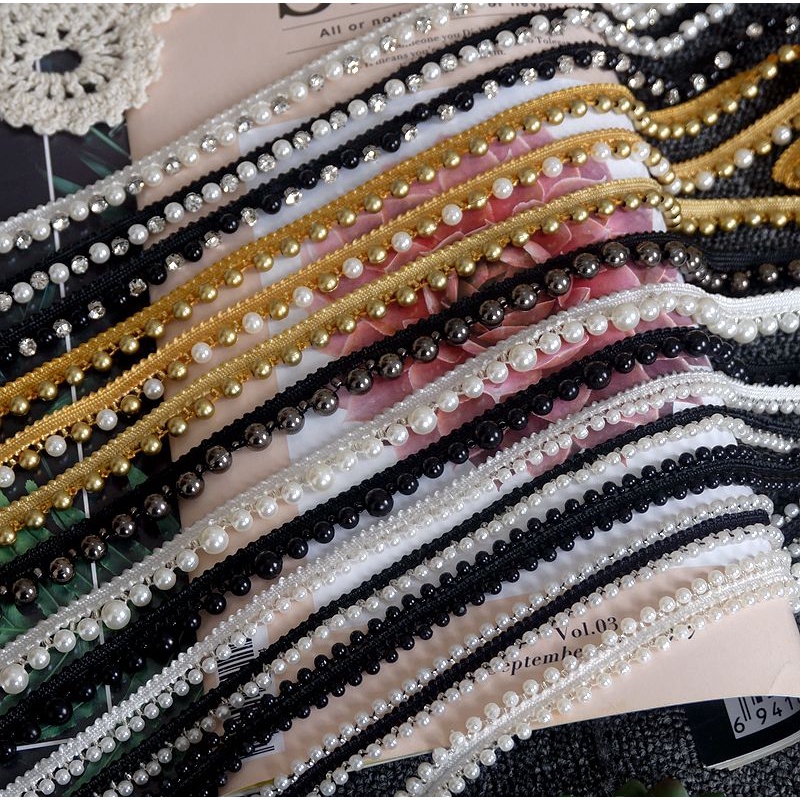 Pearl Bead Beaded Trims Lace Ribbon Clothes Decoration Wedding Dress Collar Sleeve African Lace Fabric Applique