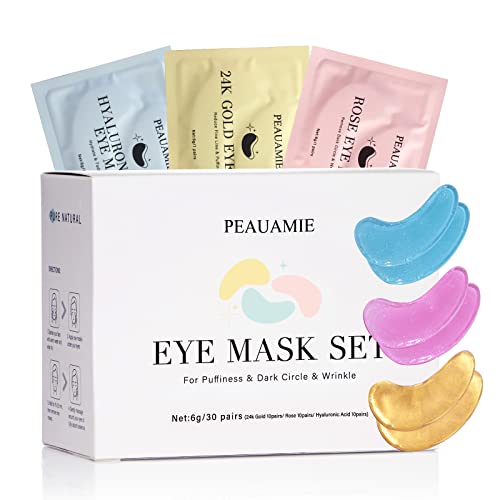 PEAUAMIE Under Eye Patches (30 Pairs) Gold Eye Mask and Hyaluronic Acid Eye Patches for puffy eyes,Rose Eye Masks for Dark Circles and Puffiness under eye treatment skin care products…