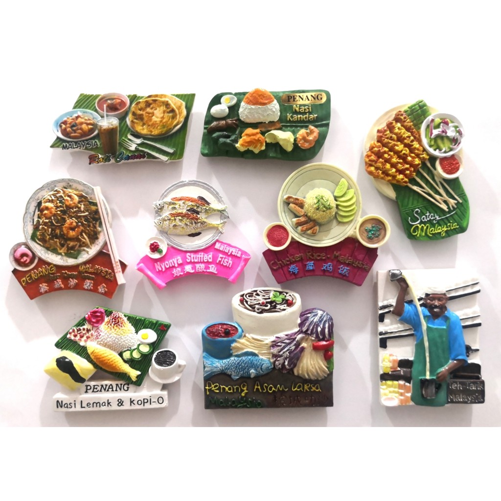 Penang Food Fridge Magnets ~ Roti Canai, Char Koey Teow, Nasi Lemak, Teh Tarik, Satay, Cendol, Ais Kacang, NutMeg.