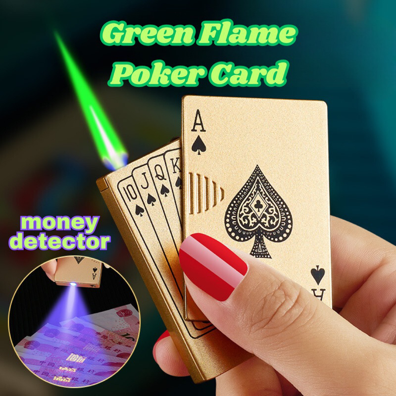 Personalize Creative Poker with Money Detector Light Green Flame Metal Inflatable Windproof Gas Lighter,Pemetik Api