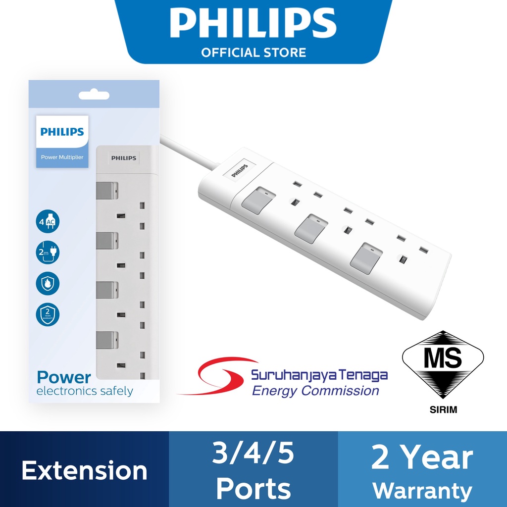 Philips Extension Socket SIRIM Certified Multiple Plug Power Strip Adapter Extender Heavy Duty USB Charger 3250W