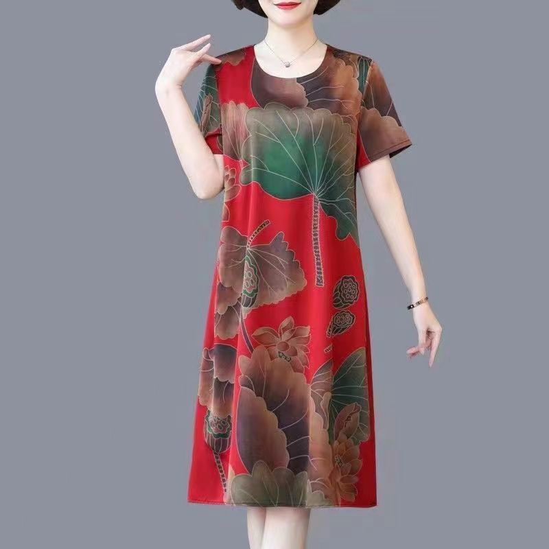 Plus Size Summer Short-sleeved Ice Silk Dress Fashion Foreign Style Loose Mid-length Dress