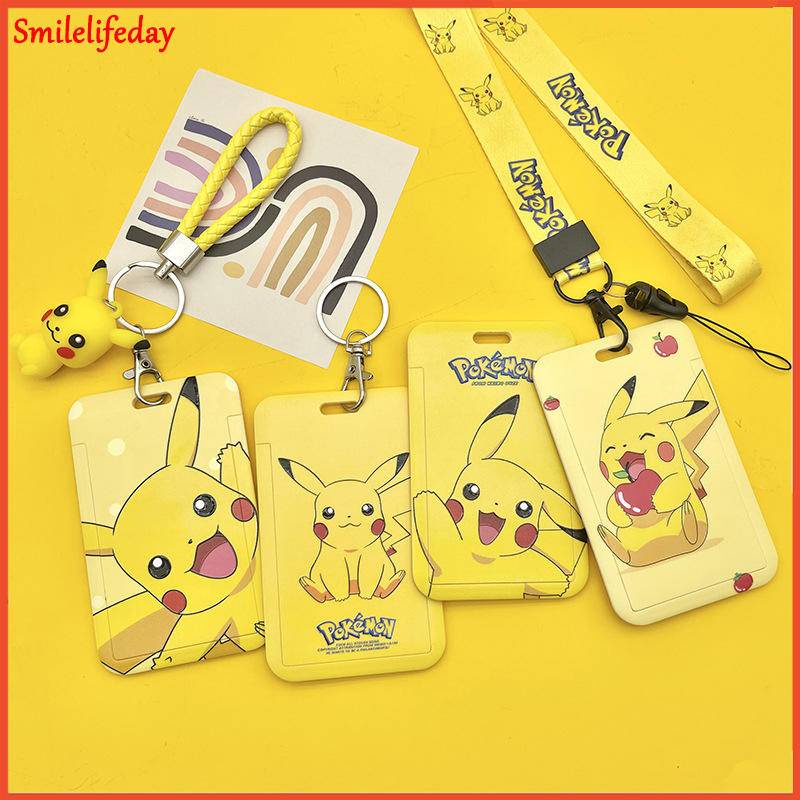 Pokemon Original Cartoon Cute Pikachu PVC Card Cover Student Documents Hanging Neck Bag Anti-lost Card Holder Lanyard ID Card