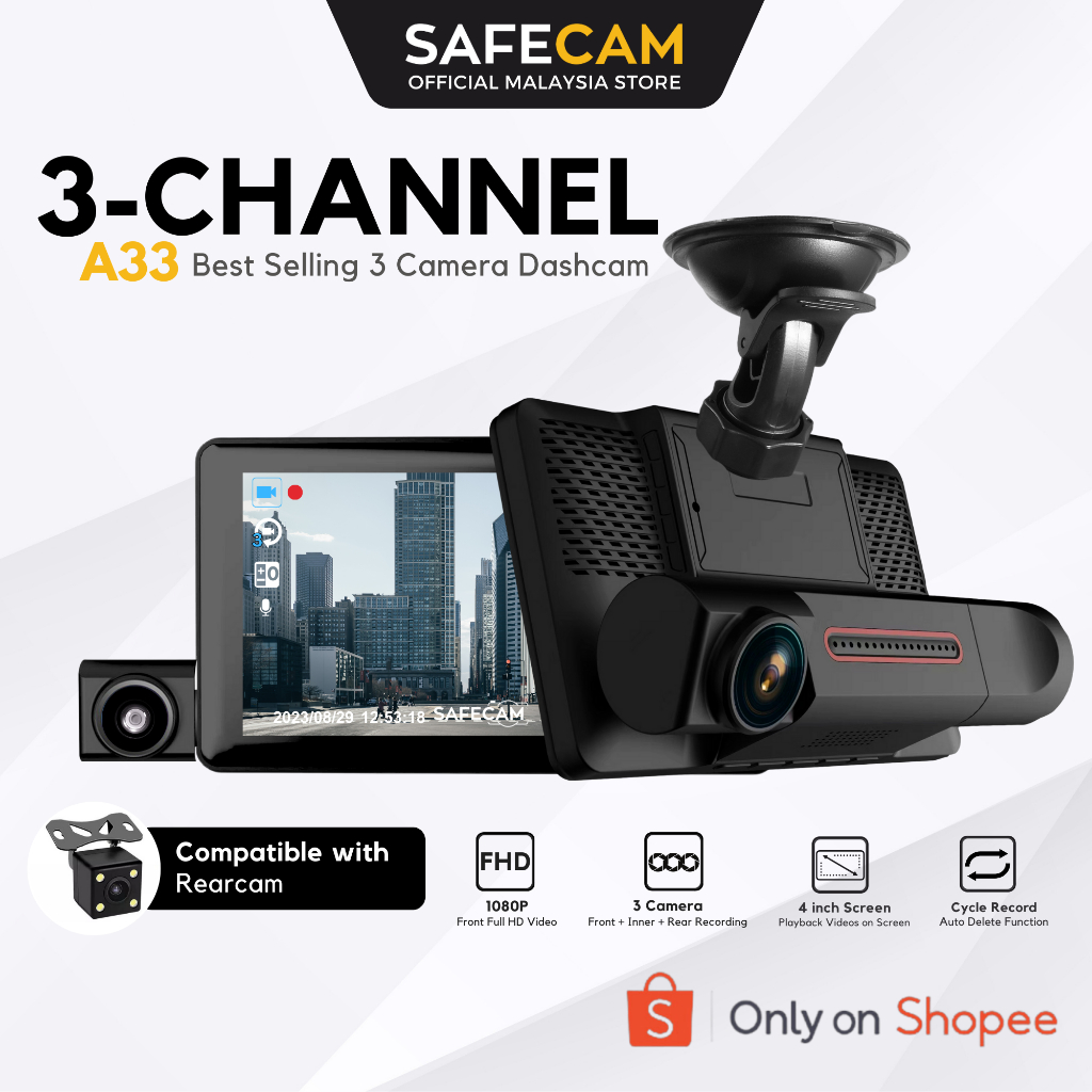 [pre-order] SAFECAM A33 Triple Lens 3 Camera 1080P Dashcam Front Cam + Inner Cam + Rear Cam (4")