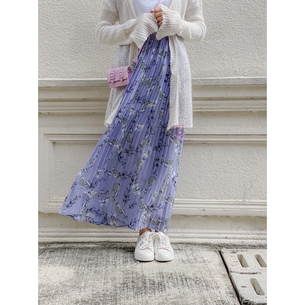 Premium floral skirt Corak pleated panjang chiffon long cantik muslimah tak jarang lining penuh palas sampai 3xl