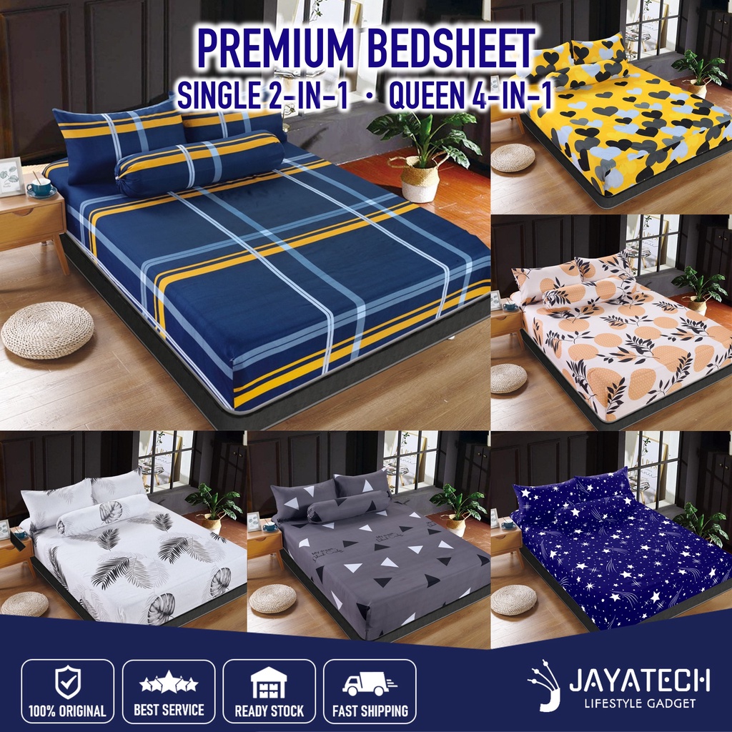 PREMIUM COTTON BEDSHEET 4 IN 1 QUEEN / 2 IN 1 SINGLE / FITTED GETAH KELILING CADAR SARUNG KATIL SARUNG TILAM LAPIS KATIL