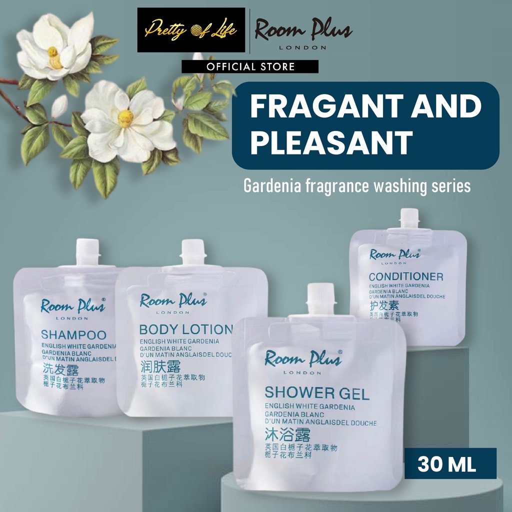 Pretty Of Life - Room Plus White Gardenia Series 30ml - 4 Types - Hair Shampoo Shower Gel Conditioner Rambut Body Lotion