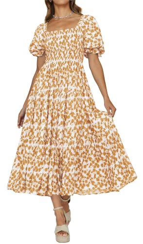 PRETTYGARDEN Women's Summer Casual Boho Dress Floral Print Ruffle Tiered Maxi Dress Puff Sleeve High Waist Long Beach Dresses (Floral Apricot and Yellow,Medium)