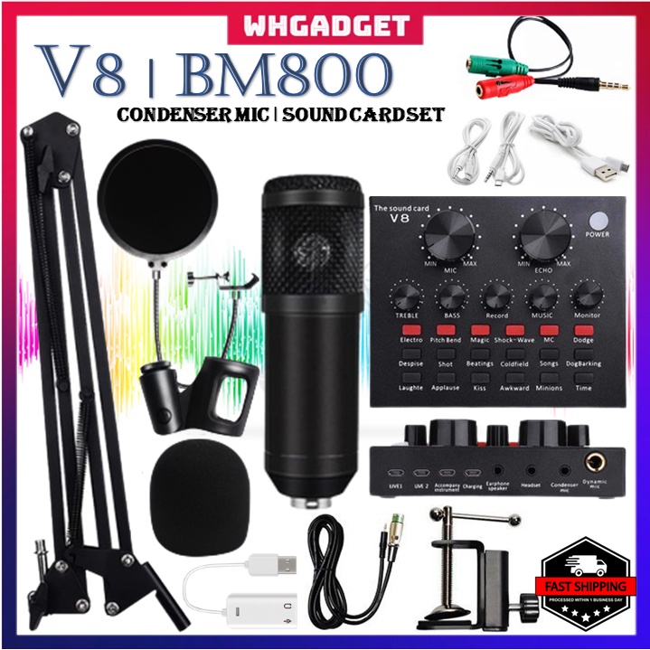 Professional Condenser BM800 Microphone With V8 Sound Card Recording For Radio Braodcasting Singing Recording 麦克风 声卡