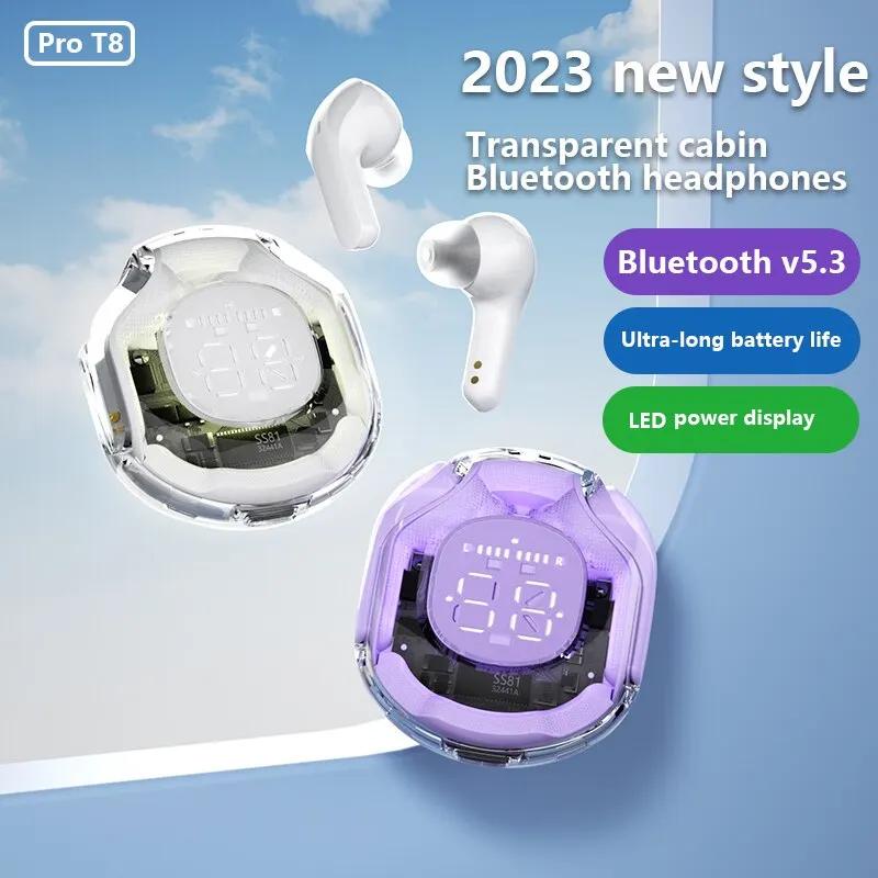 PRO T8 Wireless Bluetooth Headset Transparent ENC Headphones LED Power Digital Display Stereo Sound Earphones for Sports Working