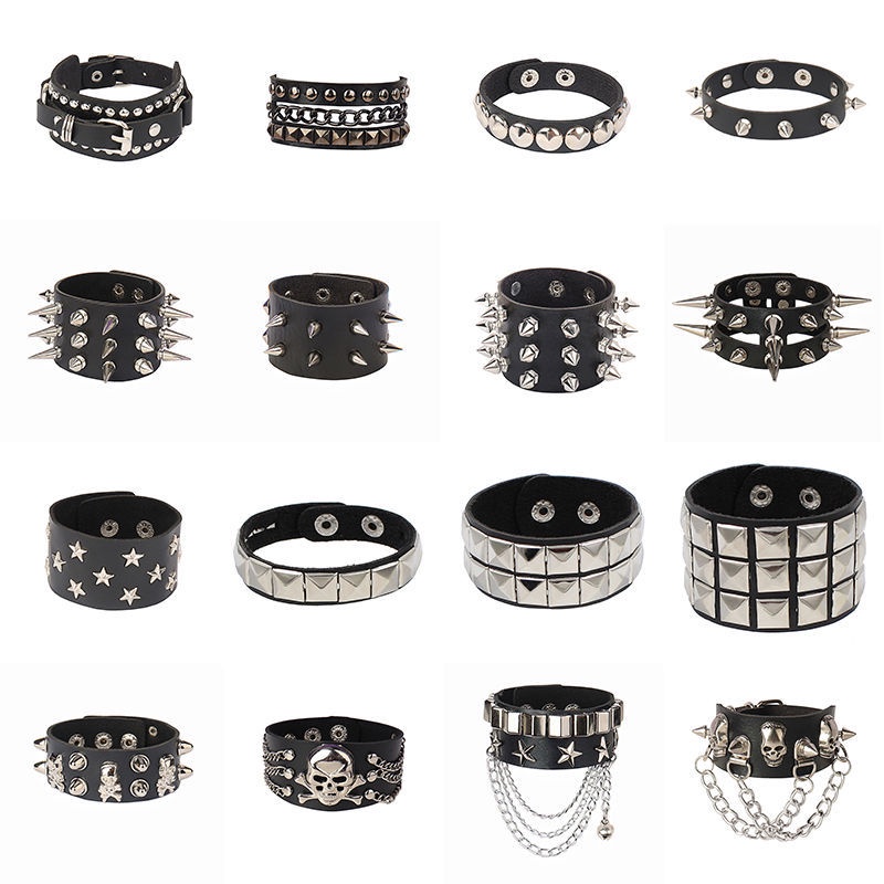 Punk Unique Row Spikes Rivet Stud Wide Cuff Leather Bracelet Punk Gothic Rock Unisex Bangle Bracelet Men Jewelry