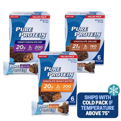 Pure Protein Bars, Chewy Chocolate Chip, Chocolate Deluxe, Chocolate Peanut Butter - Box of 6-3 Boxes - 1 Box of each flavor