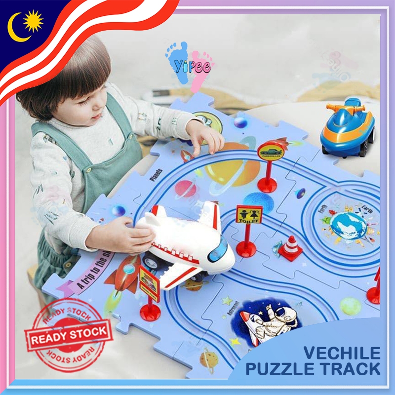 Puzzle Track Car Toys Set with Vehicles DIY Assembling Electric Trolley Montessori for Kids Playset Mainan Kereta AC-264