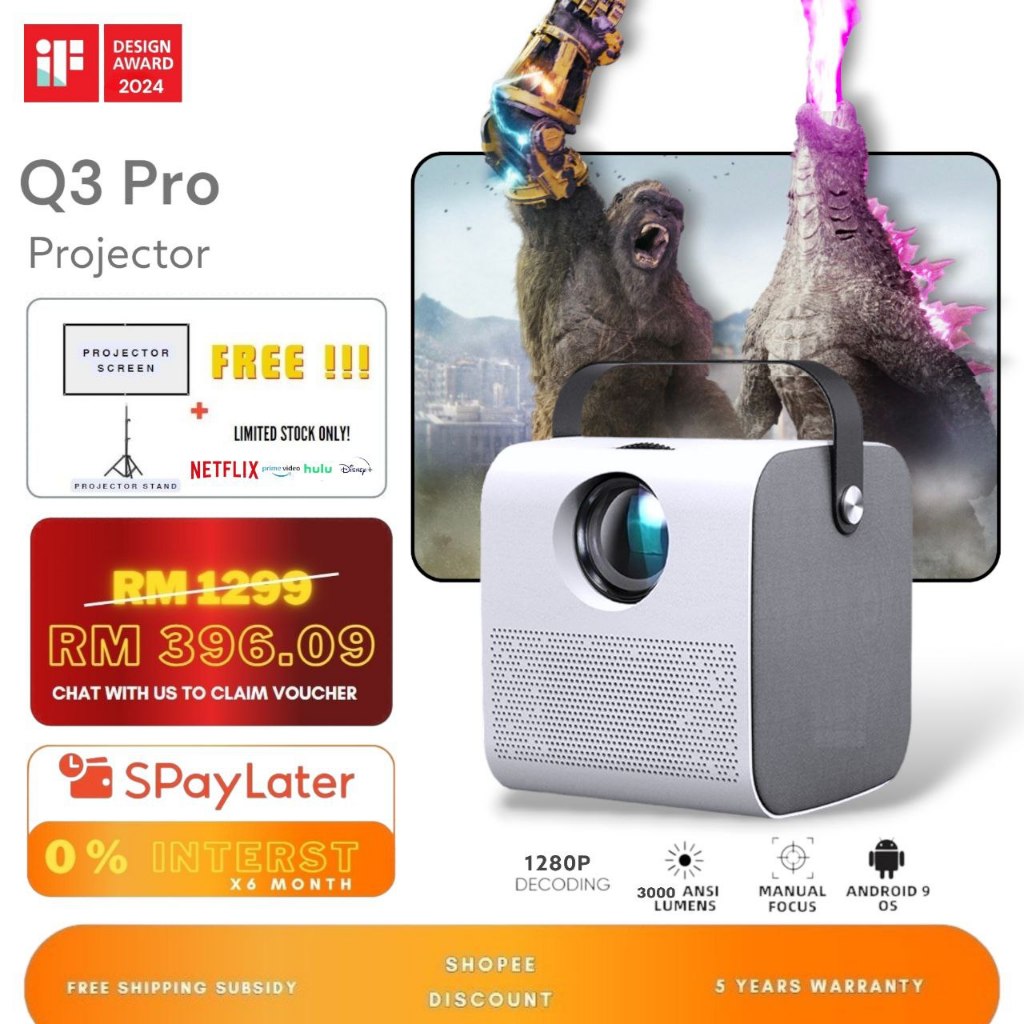 Q3 Projector With Play store Pro HD 1980P 6000 Lumens WIFI LED LCD Screen Mirror, Android 9.0 Version