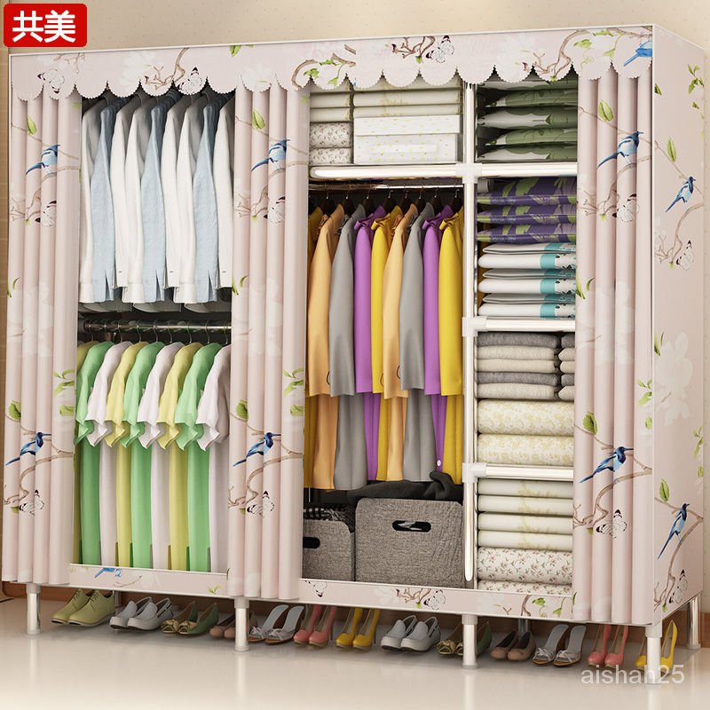QCommon Beauty Simple Cloth Wardrobe Fabric Thickened Steel Pipe Reinforced Wardrobe Simple Modern Economy Assembly War