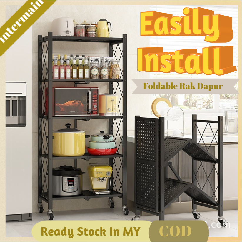 Rak Dapur Lipat Stainless Steel Rak Besi Bertingkat Foldable Rack Kitchen Organizer Rak Buku Microwave Oven Rack/A18