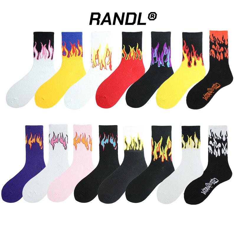 RANDL Hip Hop Colorful Fire Socks Black White Yellow Funny Flame Crew Socks Unisex Skateboard Street Skarpetki Sock