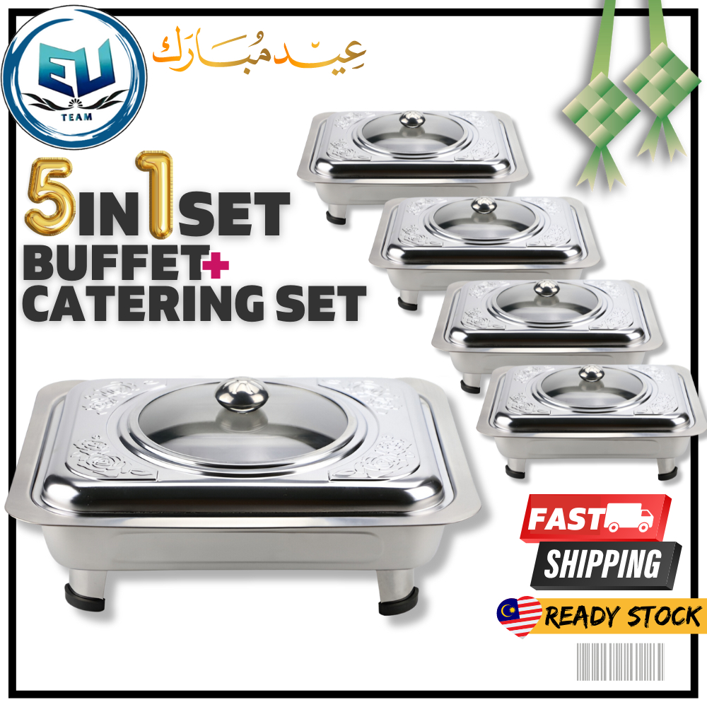 RAYA Buffet Tray 5 PCS in 1SET Stainless Steel 304/ SERVING TRAY /FOOD PAN KENDURI SET CATERING 34*28*8.5cm MALAYSIA