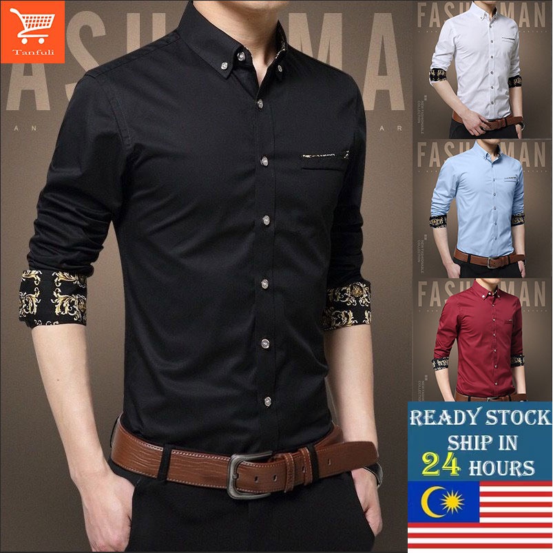 Ready stock [S-3XL] men shirt kemeja lelaki men's shirt long-sleeved slim spring and autumn Korean youth shirt trend casual business British clothes shirt men