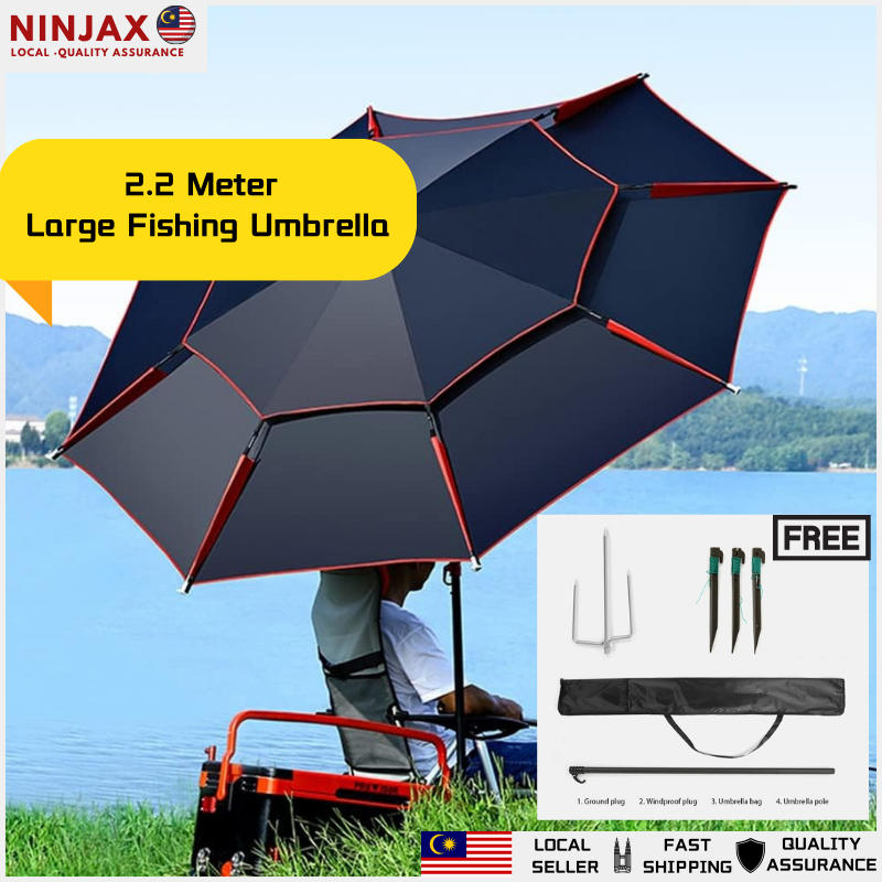 【Ready】2.2M Big Fishing Umbrella Camping Khemah Payung Memancing Besar Beach Rainproof UV Sun Shade Patio Garden Parasol