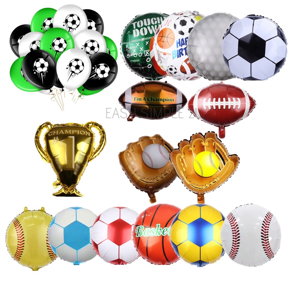 [ReadyStock] (1Piece) Football Basketball Soccer Volleyball Rugby Golf Latex Baseball Champion Trophy Theme Foil Balloon