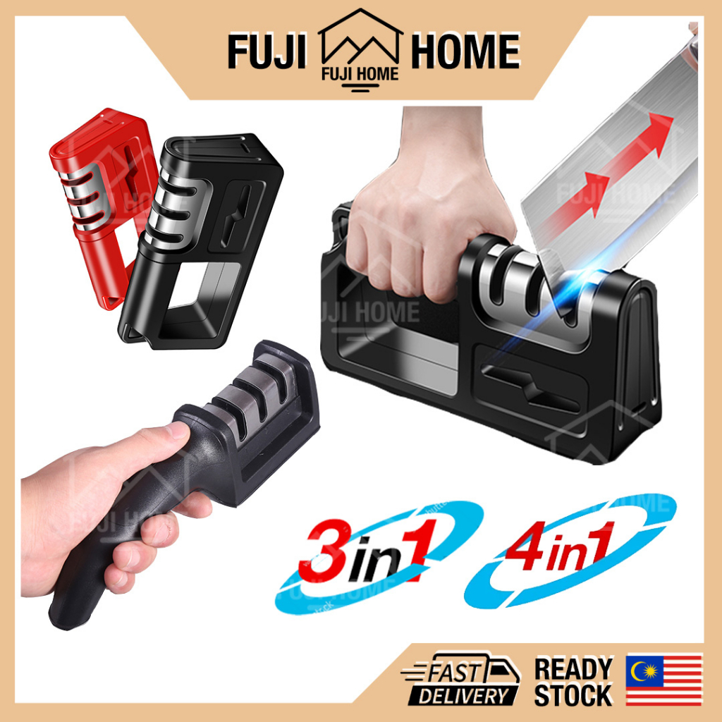 READY STOCK4IN1 Knife Sharpener Scissors Sharpener Alat Pengasah Pisau dan Gunting 3 Stage Sharpener Kitchen Polish