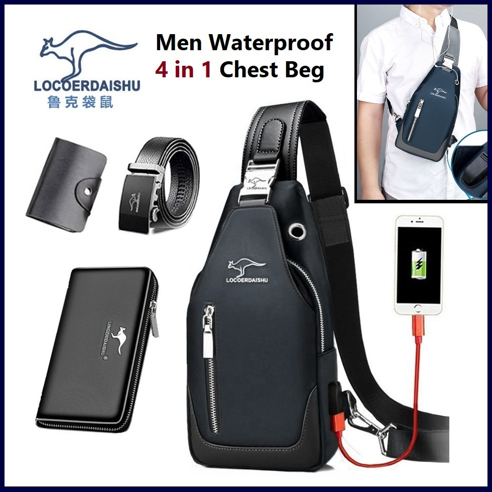 Ready Stock 4 in 1 Men's Chest Bag Sling bag Men's Belt Wallet Gift Set Father's Day Gift Crossbody Shoulder Bag