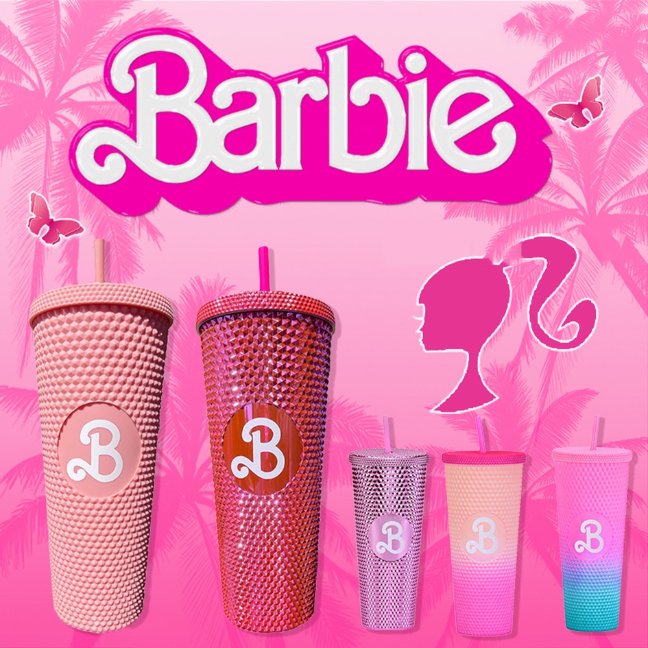 【READY STOCK】710ml Barbie Cup Bling Pink Tumbler Acrylic Cold Cup Barbies Movie Water Cup with Straw Barbie Party Supplies High Capacity 24oz