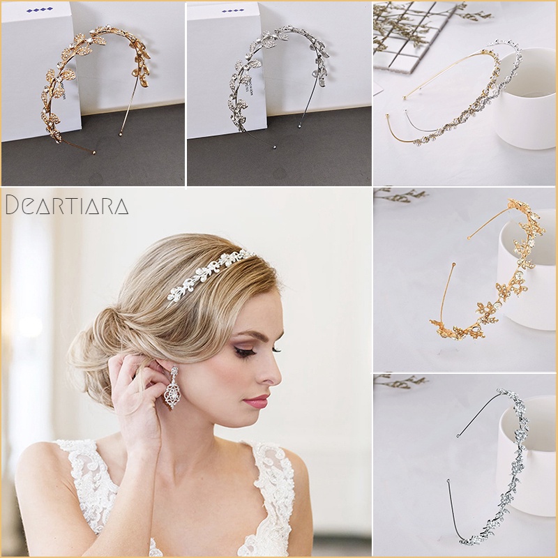 Ready Stock Deartiara 10 Styles Bride Pearl Crown tunang simple Headband with Small Flower Diamond Golden Leaf Hair Ornament Headband Birthday Crown