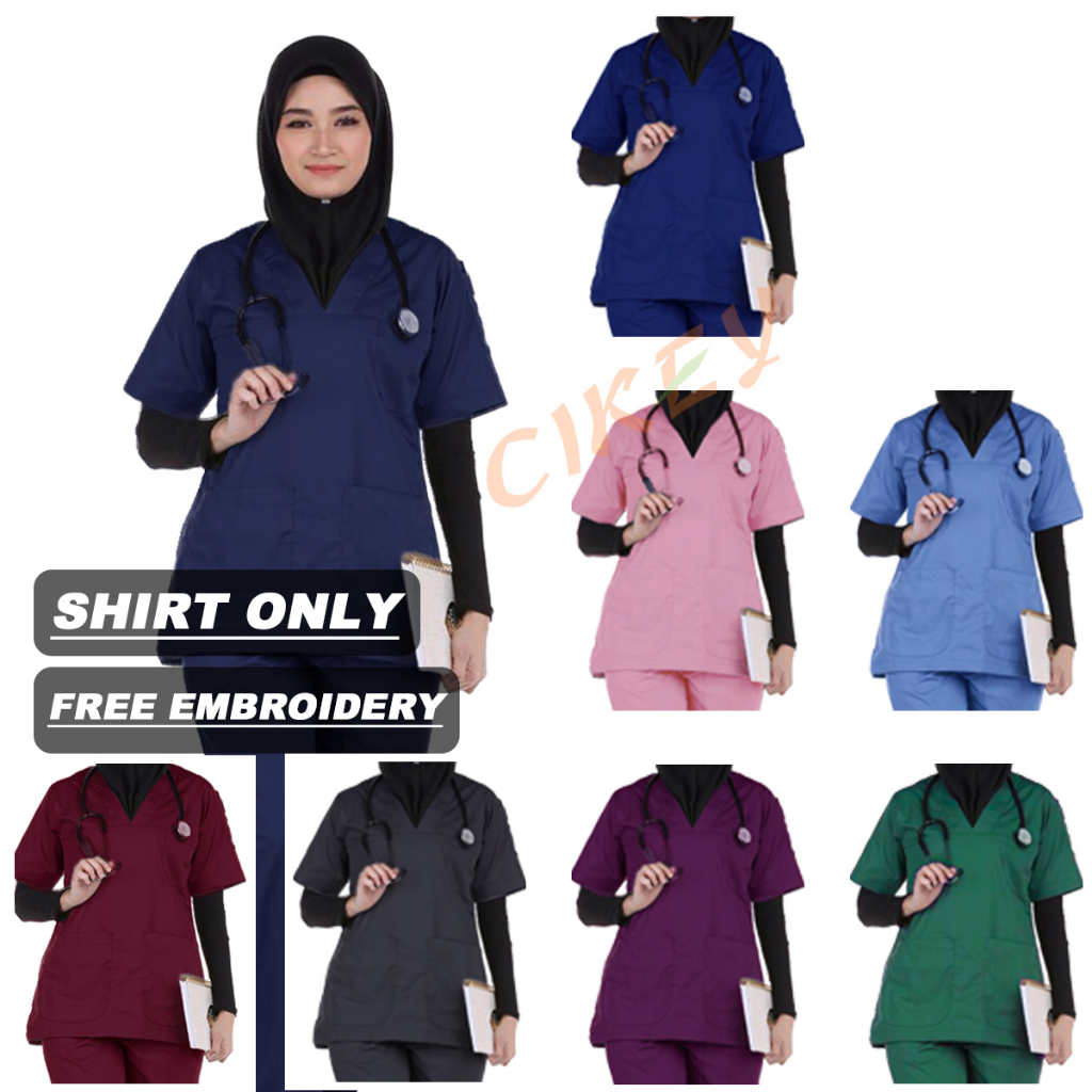 READY STOCK Doctor‘s Scrub Baju Scrub MEDICAL SCRUB SUIT TOP ONLY - WOMEN CUTTING