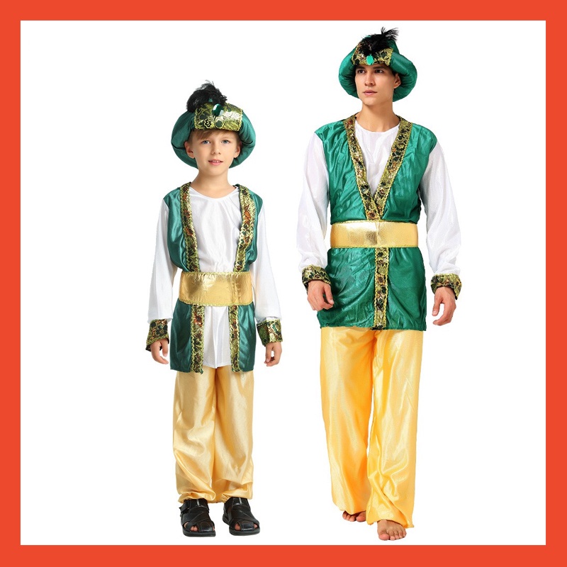 Ready Stockgirls dress Halloween party costume Muslim Dubai chief parent-child Arabian Green Prince cosplay costume