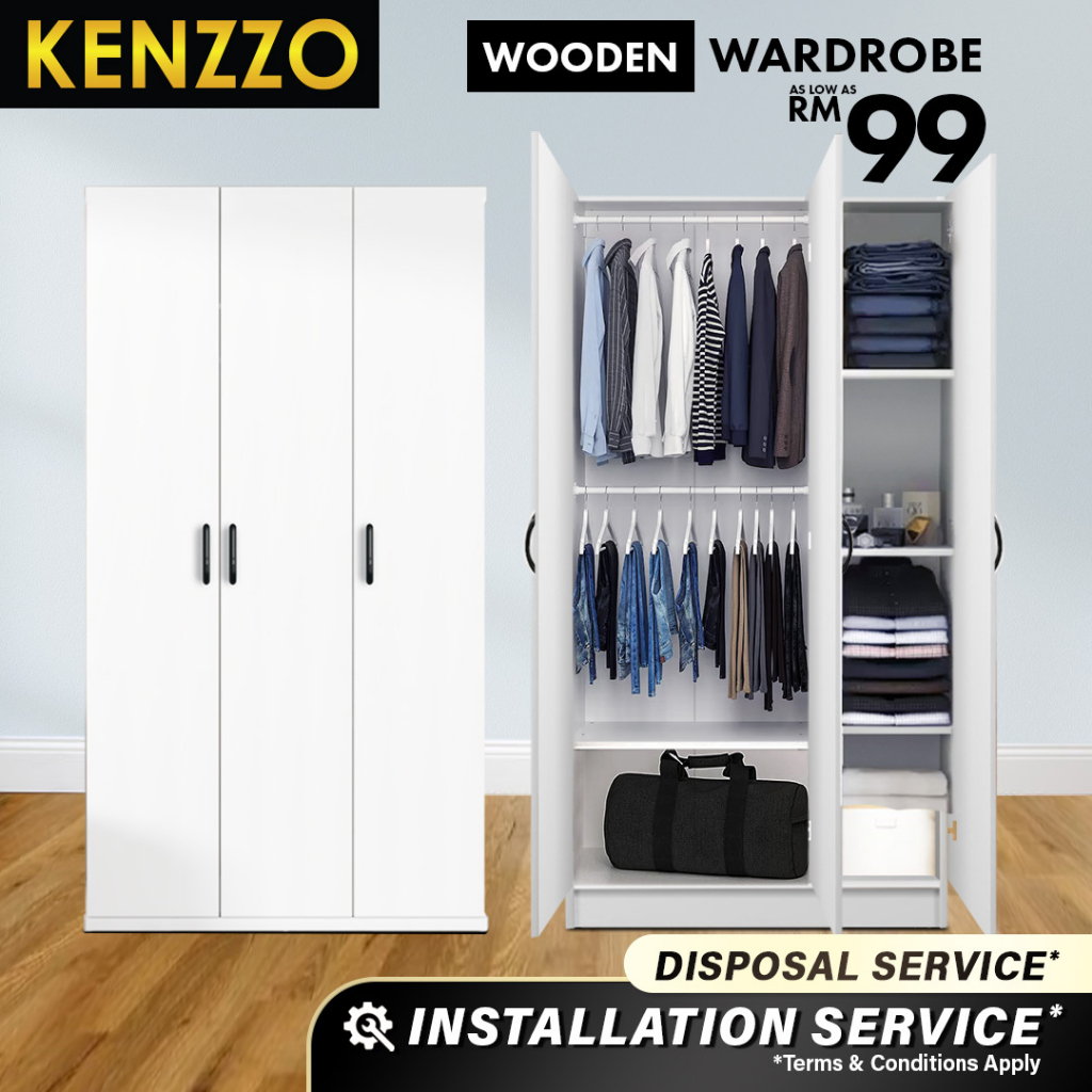 READY STOCK !! KENZZO : 3 Door / 2 Door Wooden Wardrobe / almari baju murah / Kabinet /(CUSTOMIZE AVAILABLE)