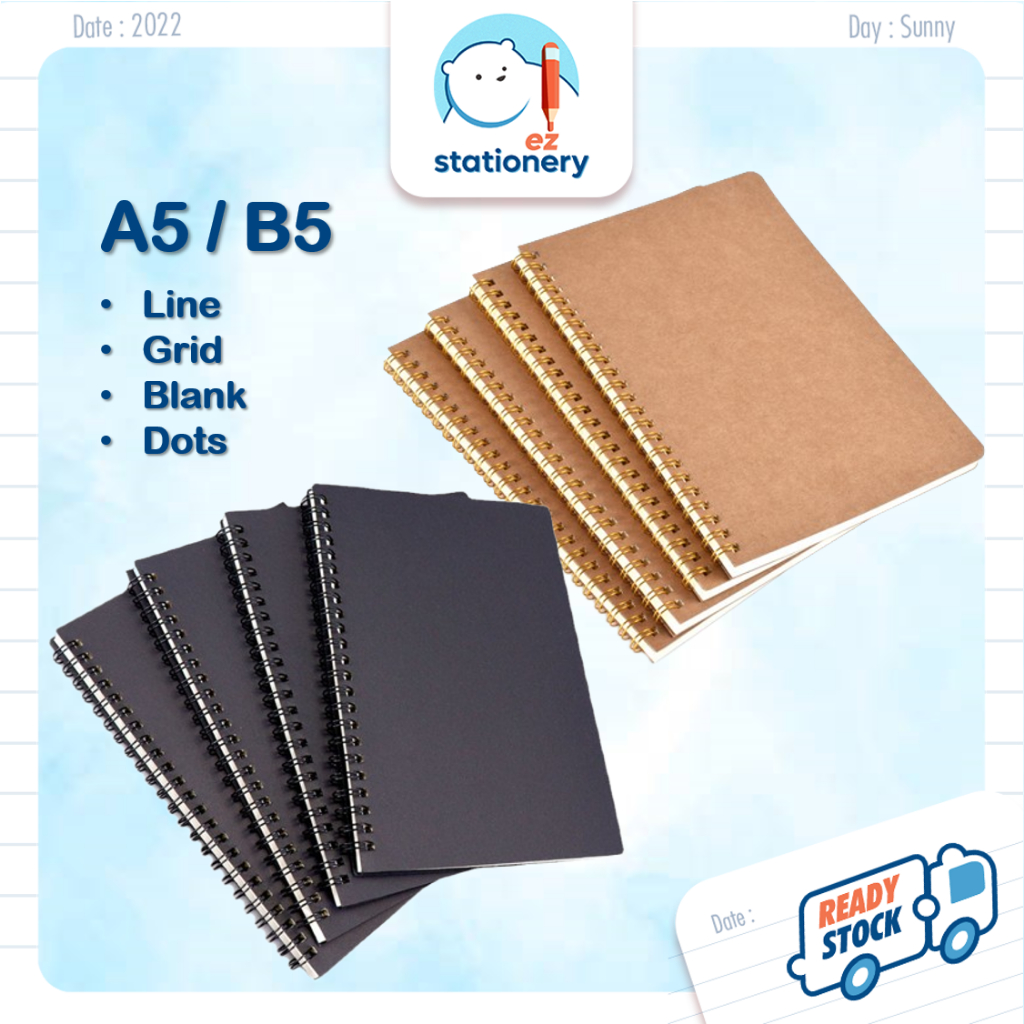 Ready Stock Kraft/Black Cover Notebook A5 B5 100/120 Pages Minimalist Planner Diary Book Buku Nota School Stationery