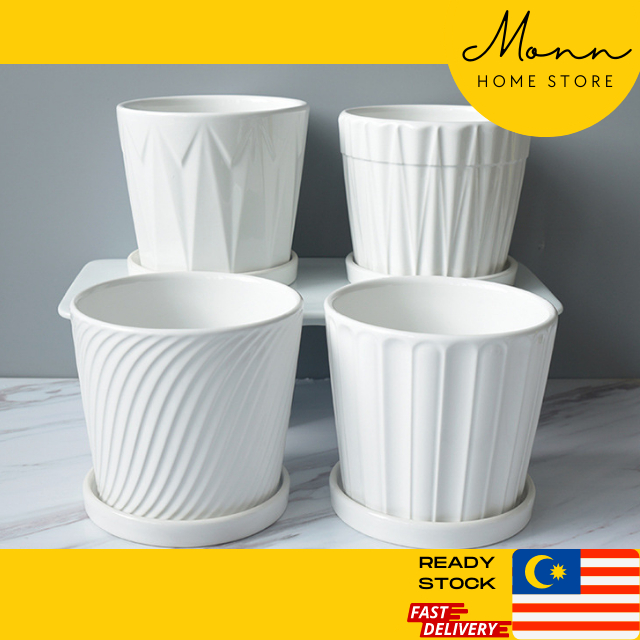 [READY STOCK] MONN White 14CM Handmade Ceramic Pot With Tray for Succulent Plants & Flowers | Pasu Seramik Putih 14CM