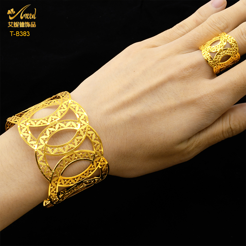 [Ready Stock] New Dubai gold bracelet with Ring Set women's gold-plated Indian African hard bracelet charm wedding Ethiopian Arab hand jewelry luxury