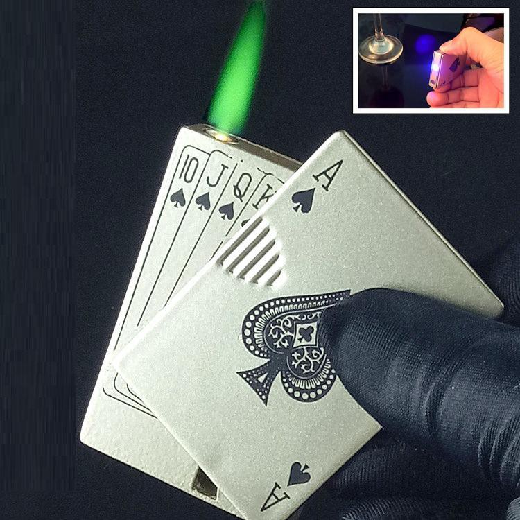 Ready Stock Poker with Money Detector Led Blue RedLight Green Flame Metal Inflatable Windproof Gas Lighter