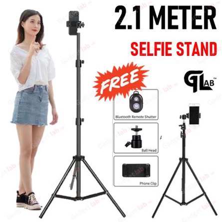 【READY STOCK】 Portable 210cm Tripod for Phone Adjustable Floor Stand Live Camera Selfie Holder 2.1m + Remote Shutter