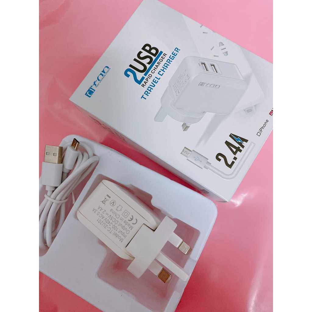 Ready Stock TITAN 2.4A FAST CHARGING CHARGER 2 USB PORT TRAVEL ADAPTER & MICRO USB CABLE