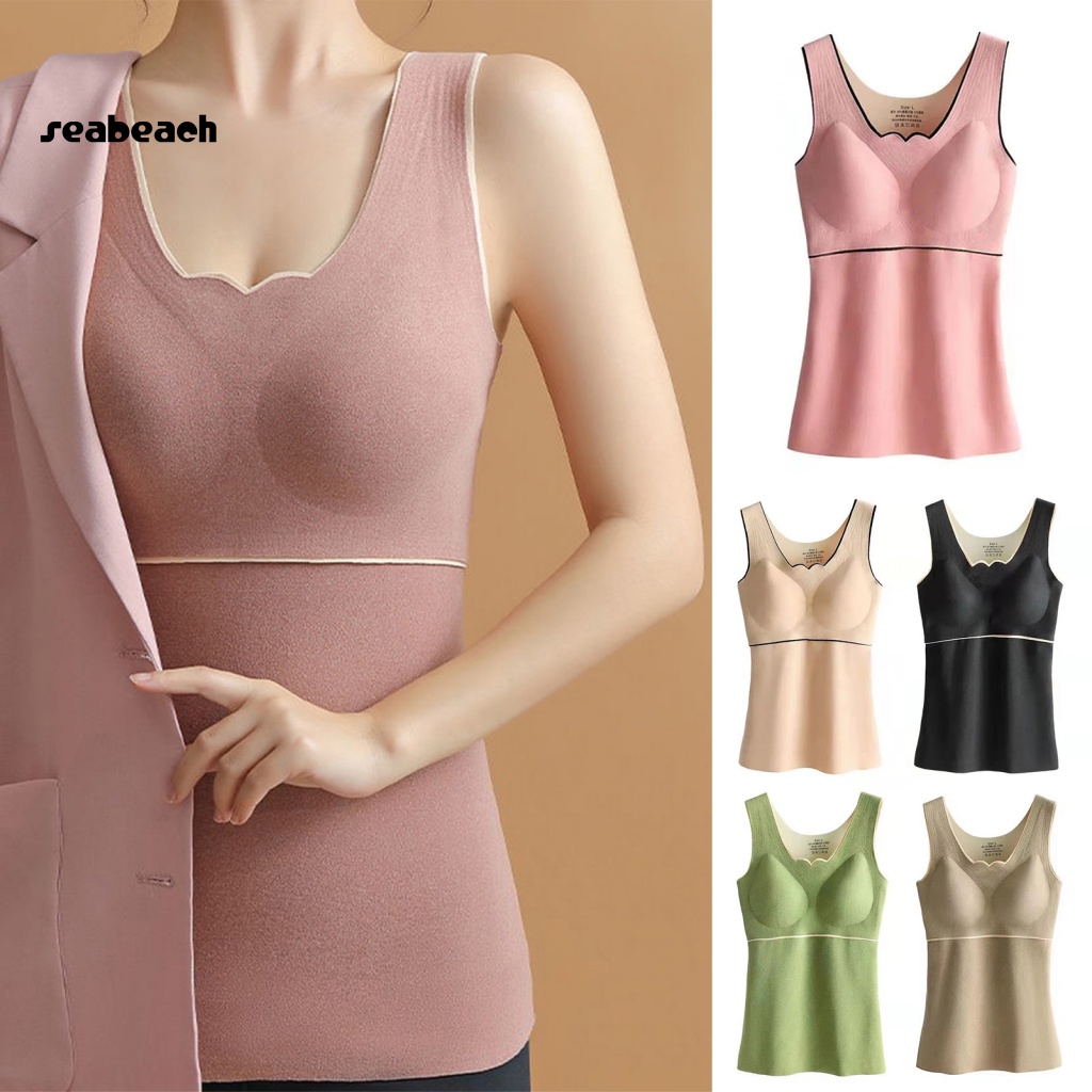 [Ready Stock] Women Solid Color Vest No Steel Rings Tank Top Cozy Sleeveless V Neck Thermal Vest for Women Winter Padded Pullover Tank Top