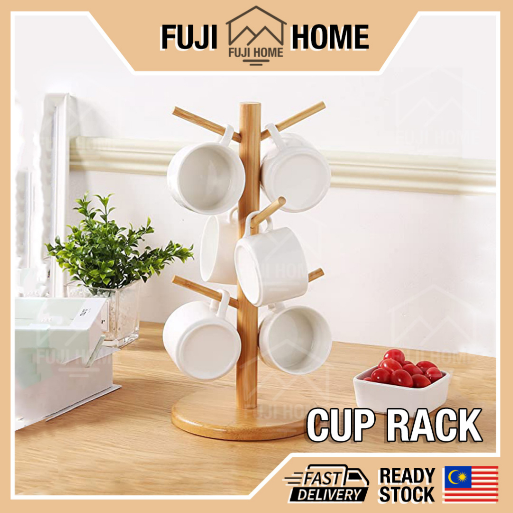 READY STOCKWooden Cup Holder Mug Holder Cup Rack Tree Mug Stand Countertop Organizer 6 Cup Mug Holder Rack Rak Cawan