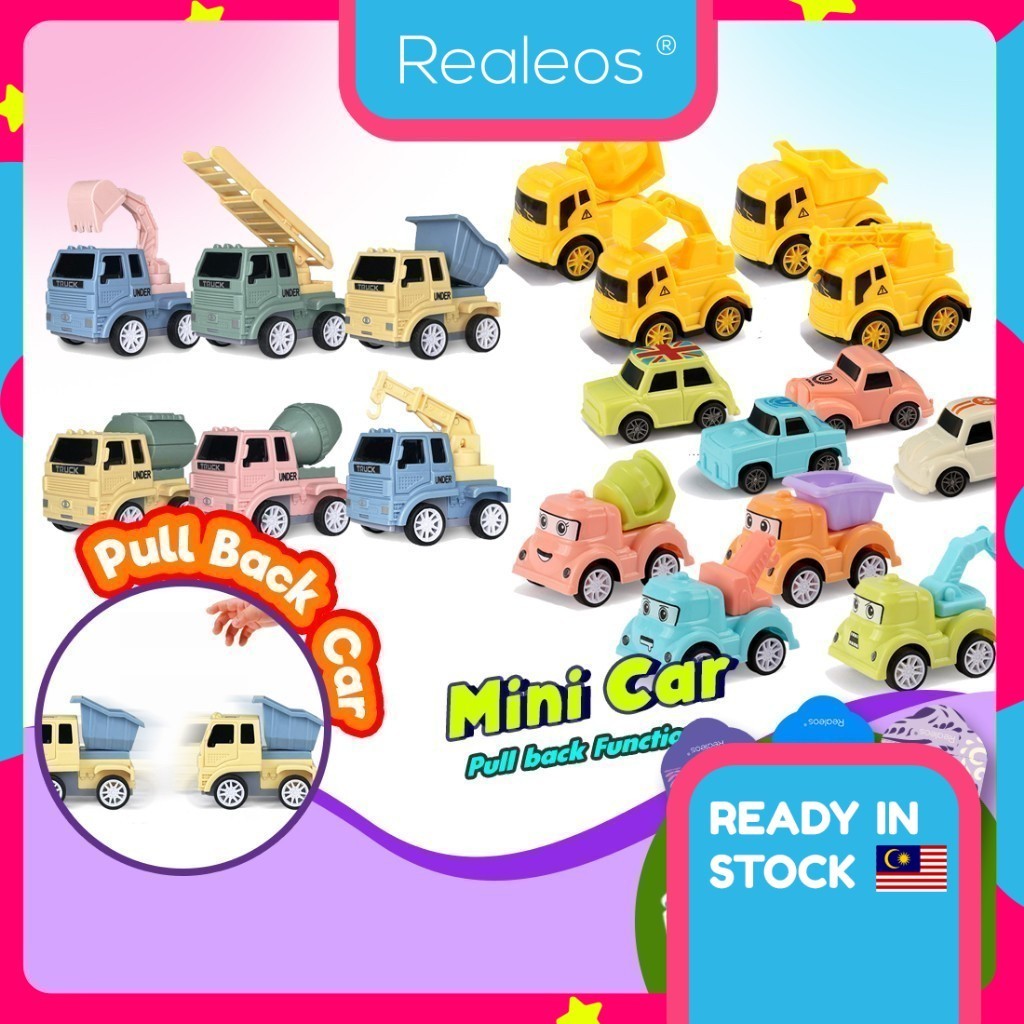 Realeos Macaron Toy Car Excavator Construction Truck Toys for Kids Boy Driller Road Roller Bulldozer Mainan Lori TB002