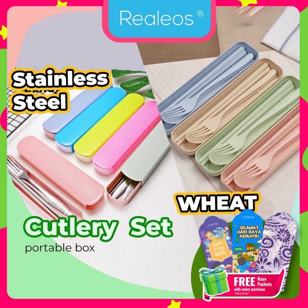 Realeos Wheat Cutlery 3 PCS Set Stainless Steel Eco-friendly Reusable Tableware Kit Box Chopsticks Spoon Fork Portable